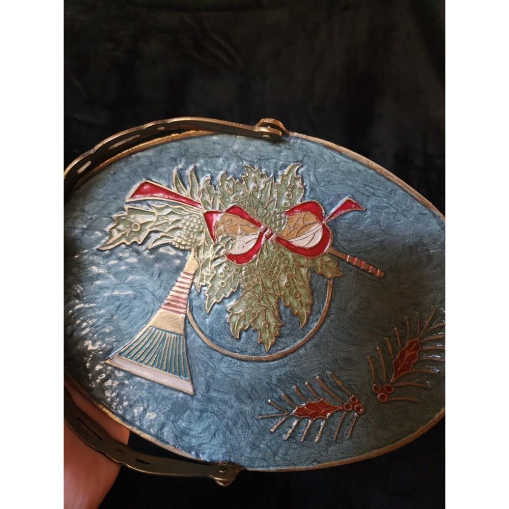 Vintage Cloisonne Enamel Brass Handled Basket Horn Holly Oval Shape 7.5 " India